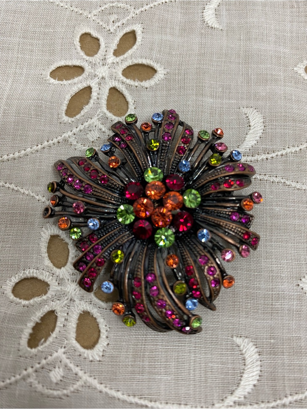 Vintage Rhinestone Flower Brooch Multicolor Aurora Borealis Spray Antique Style
